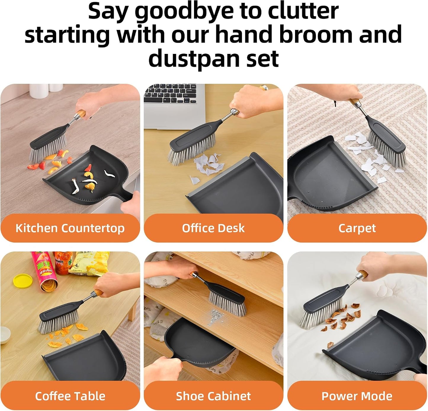 Hand Broom and Dustpan Set with Bamboo and Stainless Steel Handle, PET Bristles, Portable Cleaning Kitchen Countertops, Table Tops,Crumbs,beds,Sofas,Camping,Cars and Animal Cages