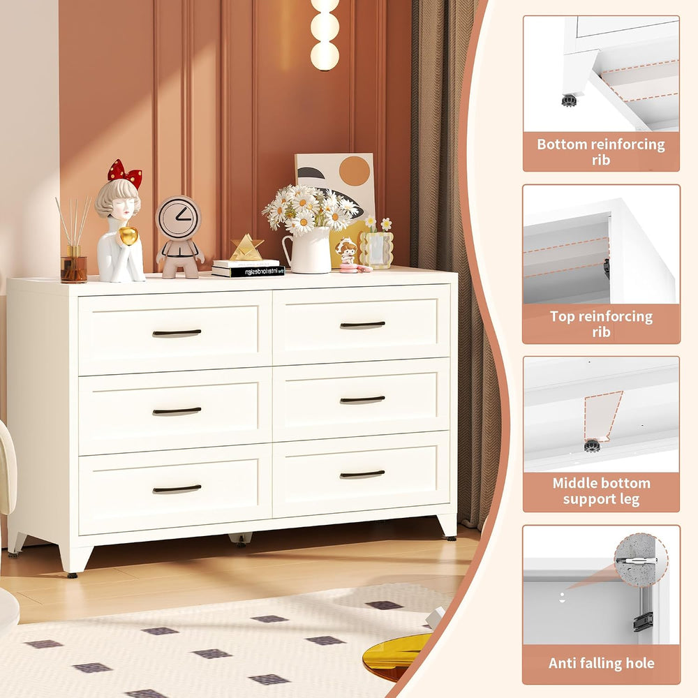Metal 6 Drawer Dressers for Bedroom, 47" Wide White Steel Chest of Drawe...
