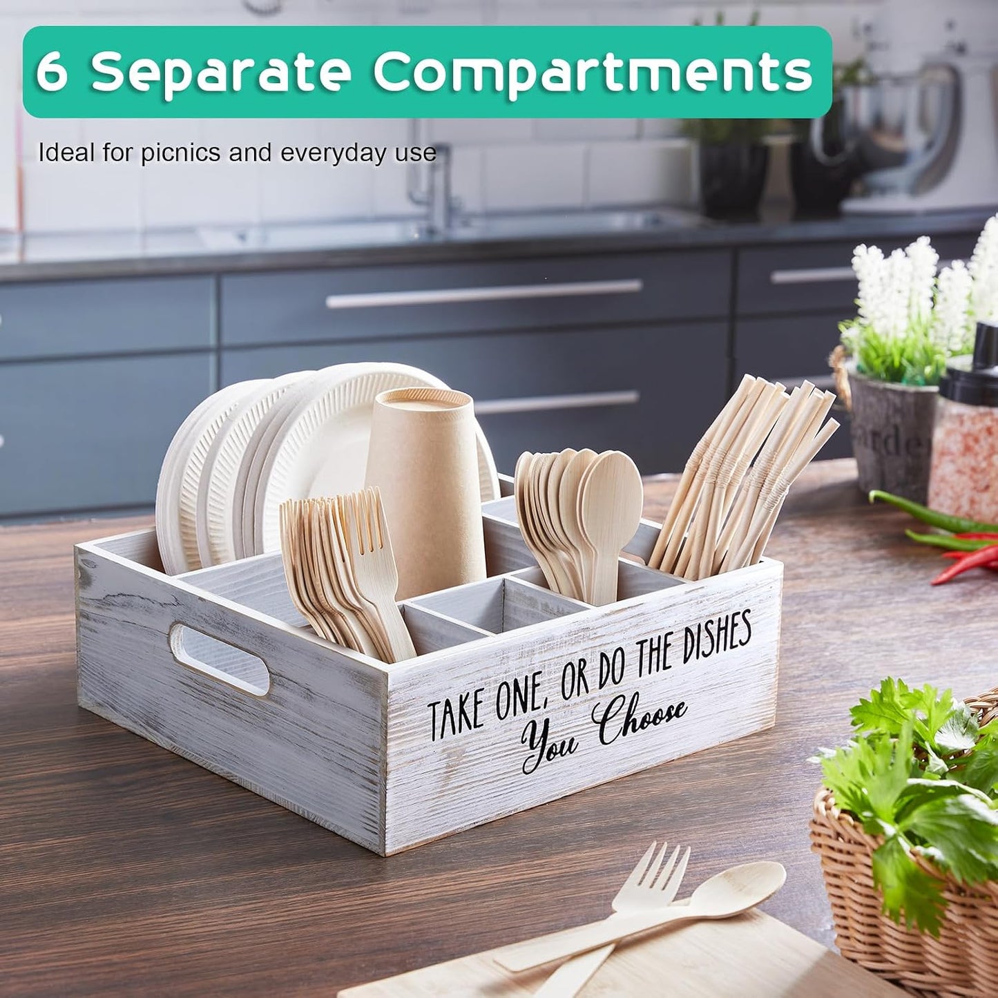 ALELION Rustic White Plate and Utensil Caddy, 6-Compartment Paper Plate and Cutlery Holder with Handles, Kitchen and Party Organizer for BBQs, Picnics, and Gatherings