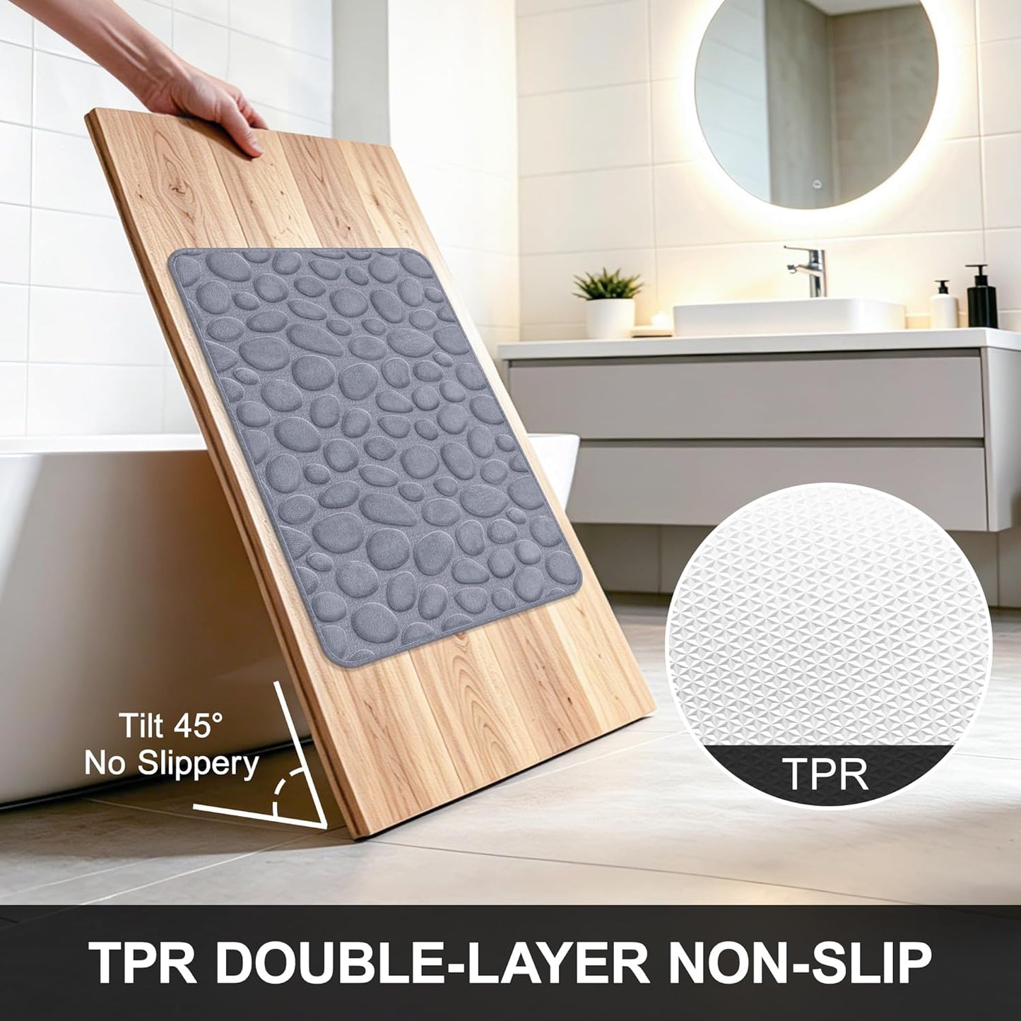 Memory Foam Bath Mat,16x24 Inch Non Slip Cobblestone Bath Mats,Manchine Washable Absorbent Bathroom Floor Mats,Ultra Soft and Quick Dry Bath Rugs for Bathroom Tub and Shower,Gray
