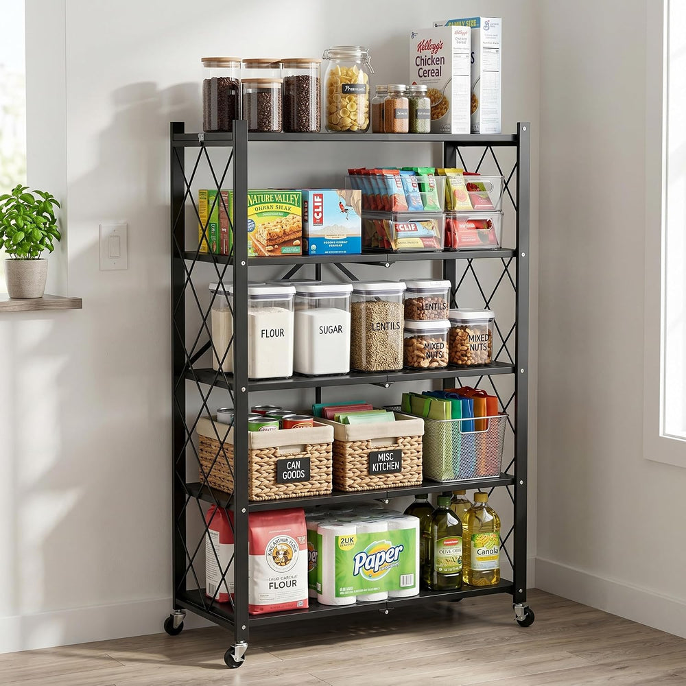5-Tier Foldable Storage Shelves with Wheels, Heavy-Duty Metal Rolling Rack, N...