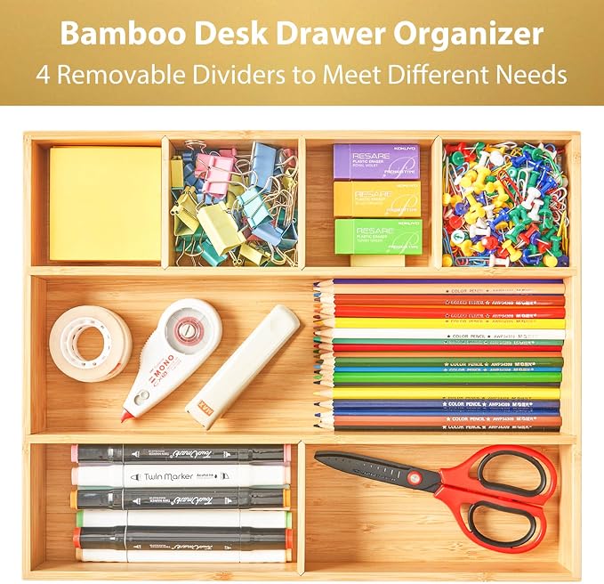 Umilife Large Bamboo Desk Drawer Organizer, Wood Junk Organizer Tray - Image 2