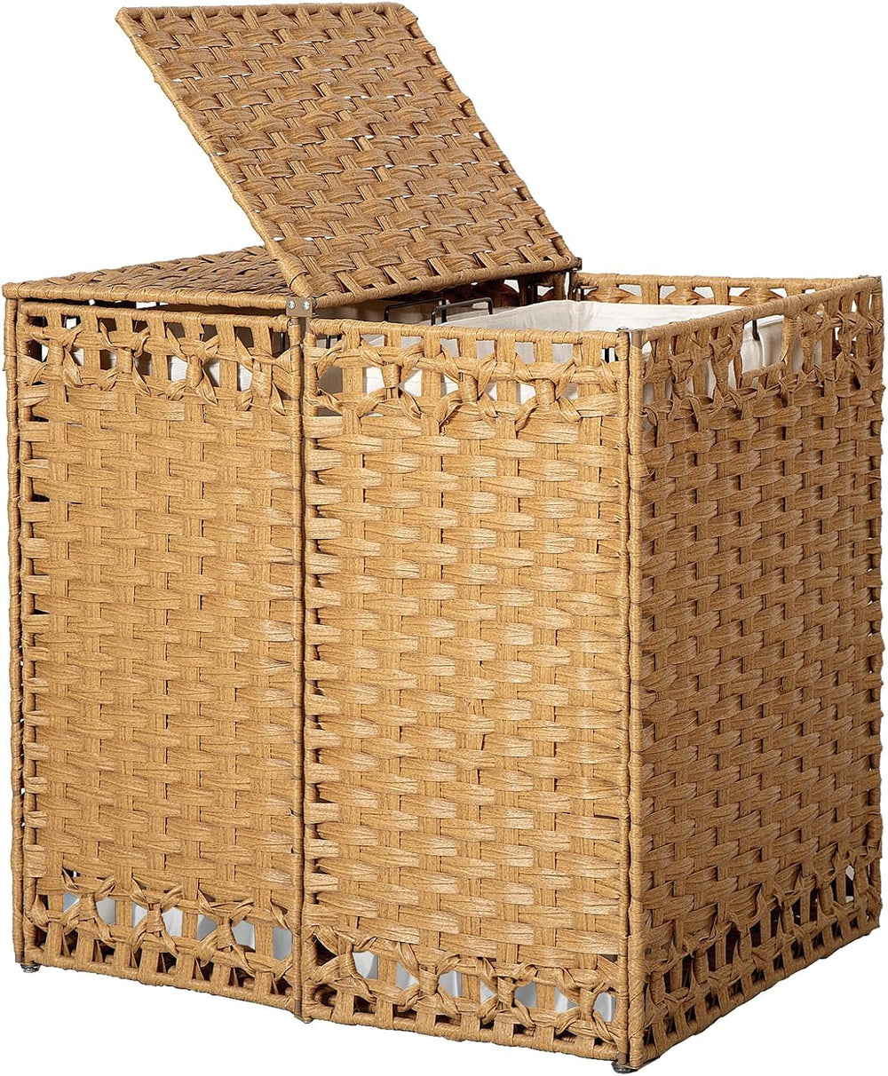 130L Foldable Laundry Hamper with Lid - Handwoven Rattan Storage Basket, 2-Se...