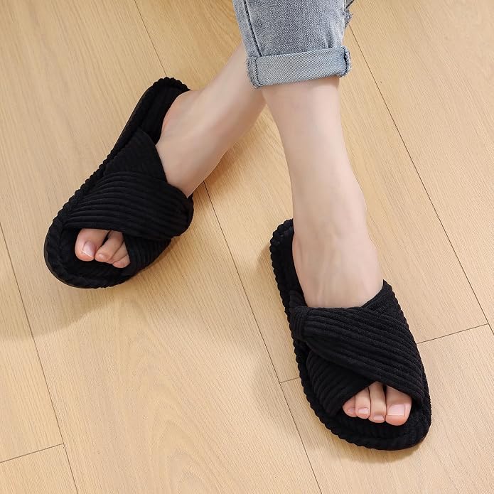 Evshine Summer House Slippers for Women Corduroy Cross Bow Indoor Slippers Open - Image 6