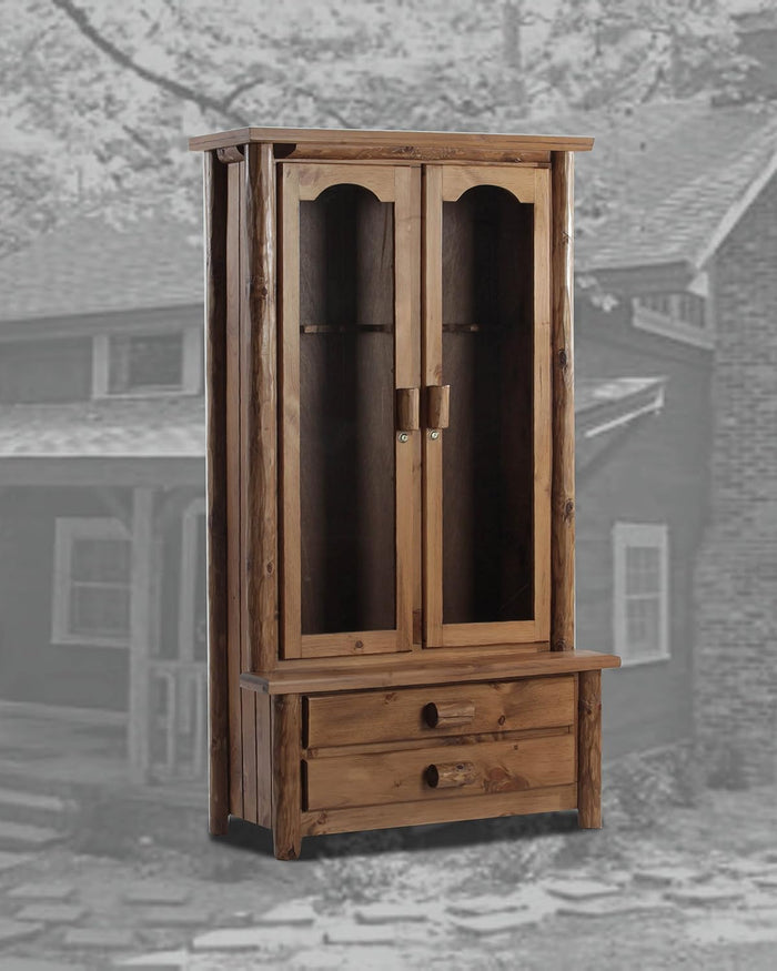 Rustic Log Corner Cabinet with Glass Doors – Solid Pine Wood Display Cabinet with Shelving