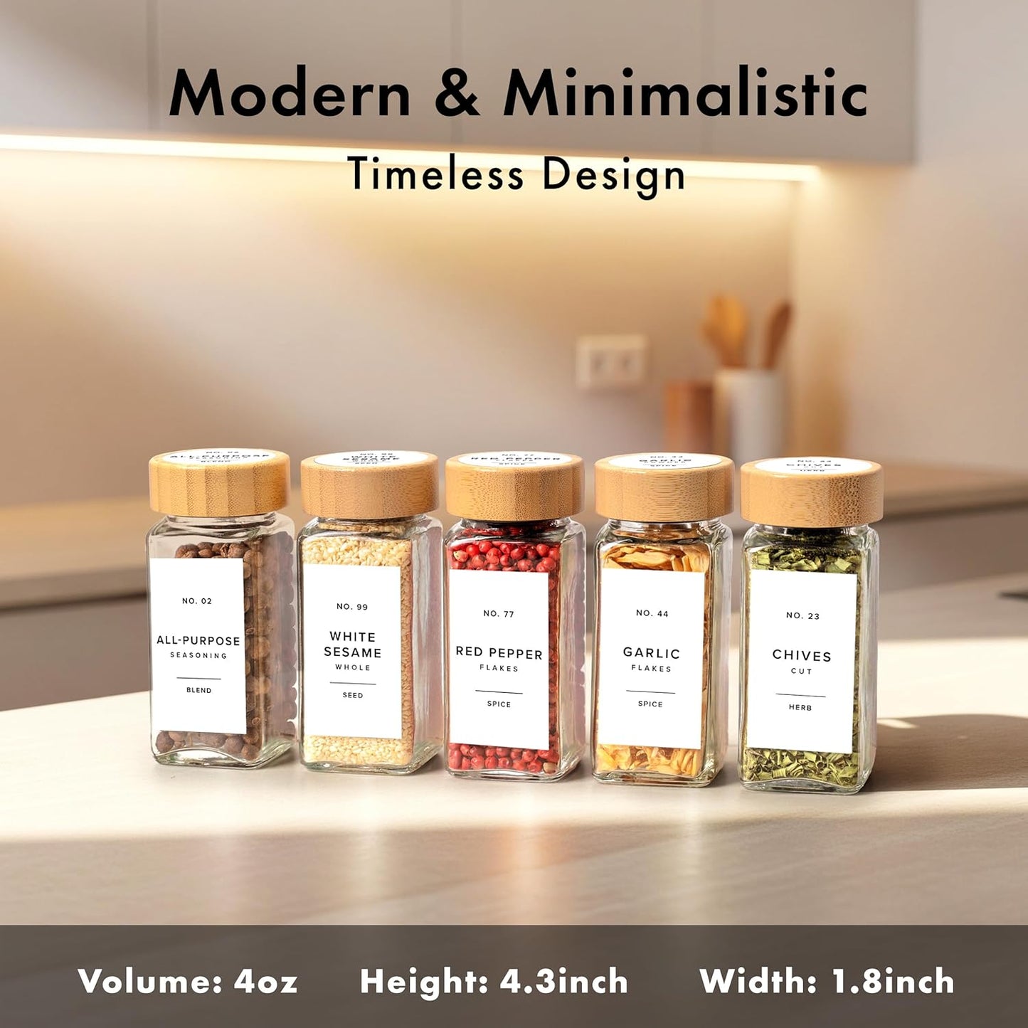 Glass Spice Jars with Label, 36x Bamboo Wooden Lids - White Labels | Airtight Lids keep spices fresh, Kitchen Spice Drawer Organizer, 4oz Seasoning Containers incl. Funnel, Brush & 240 Labels