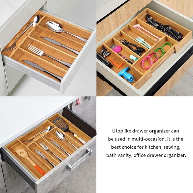 Utoplike Bamboo Cutlery Tray Silverware, Drawer Dividers - Image 6