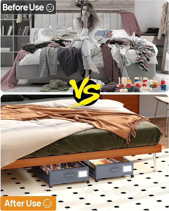 Under Bed Storage With Wheels, 2 Pack Square Containers, 60L Bins, Rolling - Image 6