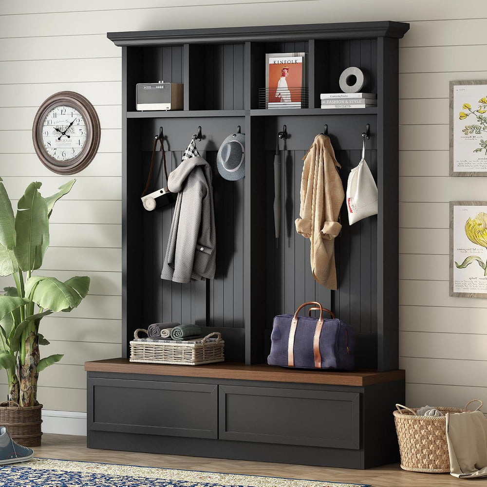 4-in-1 Hall Tree with Wood Grain Bench, Entryway Shoe Storage Organizer with ...