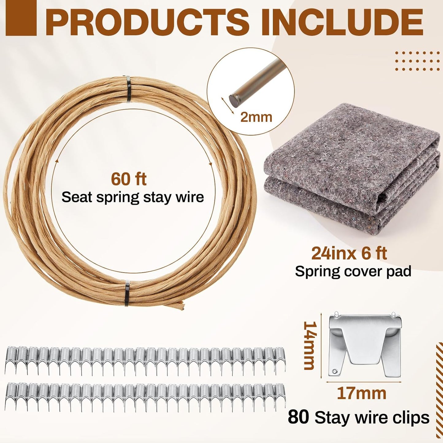 MorningRo Upholstery Spring Repair Kit for Sofa Furniture Include 24" x 6 ft Upholstery Spring Cover Pad and 40 ft Paper Wrapped Wire 9 Gauge with 80 Clips for Sofa Chair Loveseat