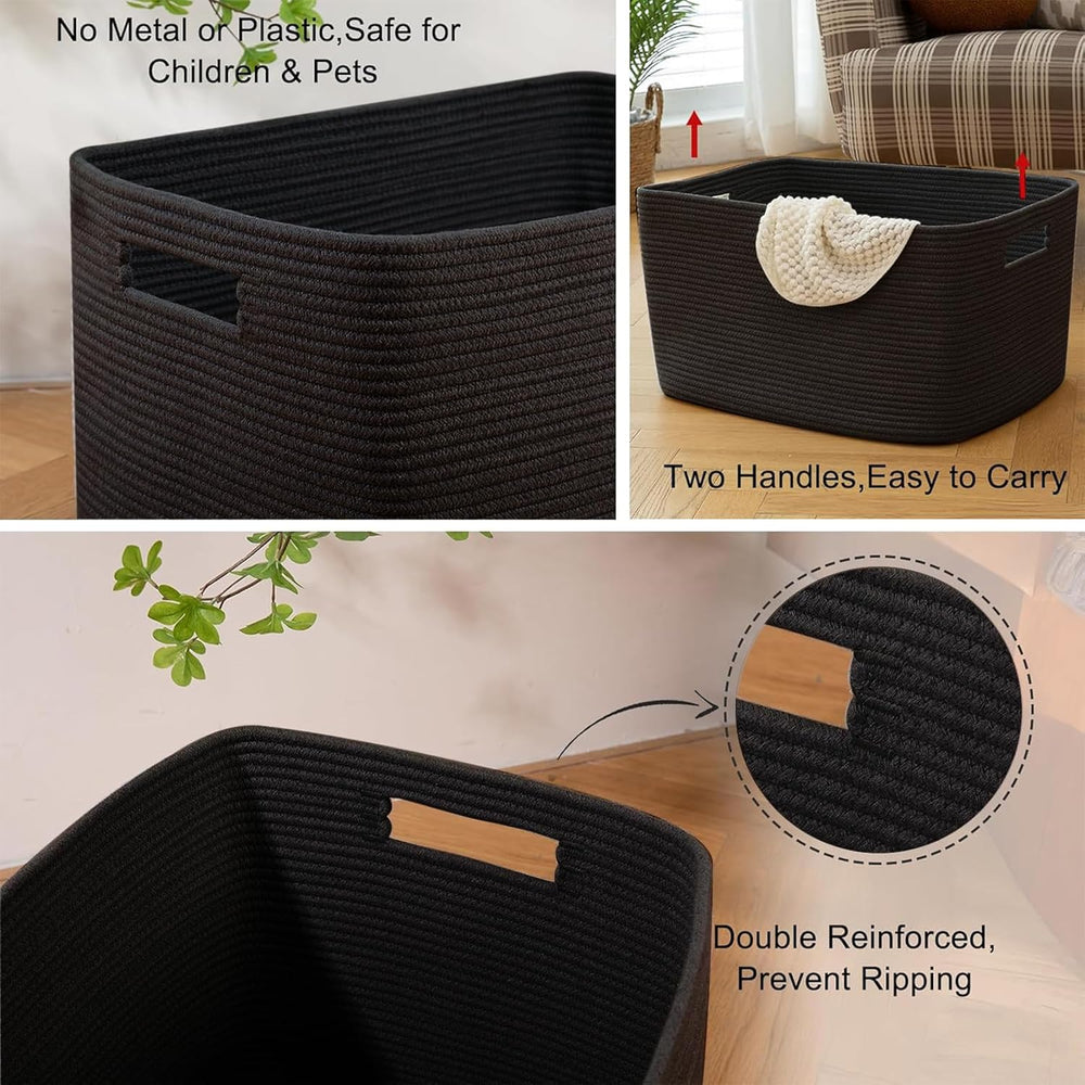 OIAHOMY 96L XXXLarge Blanket Basket Woven Cotton Rope Storage Basket Black