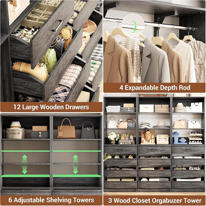 Aheaplus Closet System Set of 3, 138.5" Wood Closet Organizer System Tower - Image 3