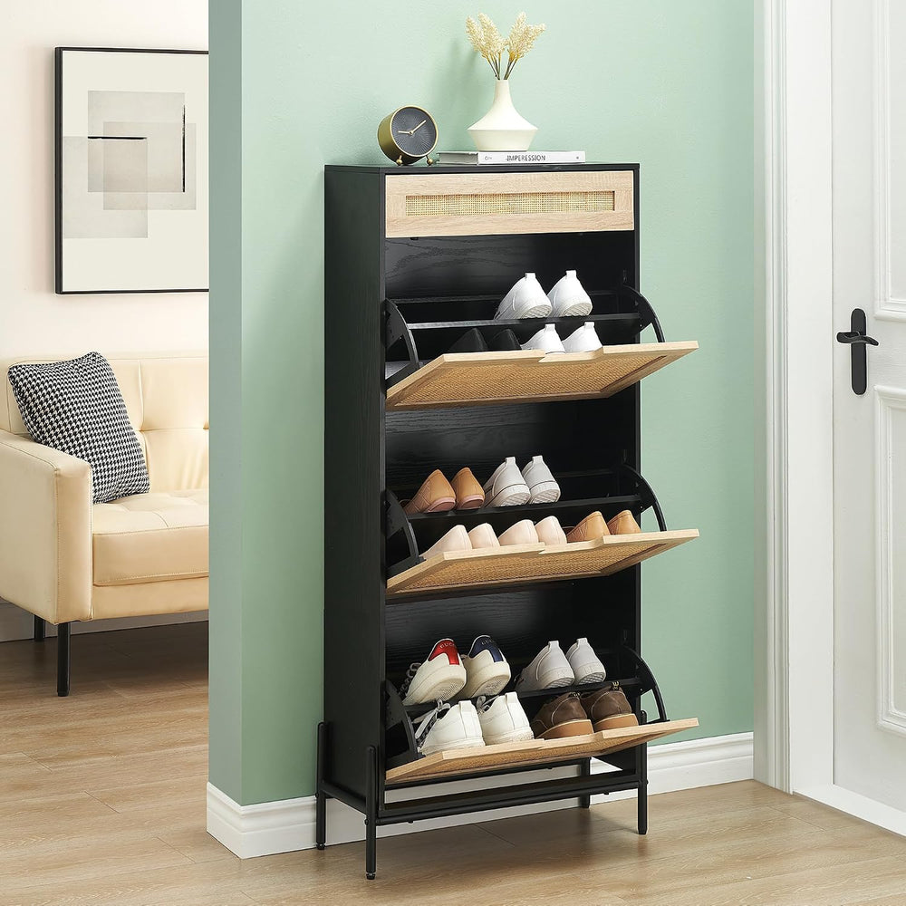 IDEALHOUSE Natural Rattan 3 Flip Door with 1 Drawer Shoe Cabinet Organizer Fr...