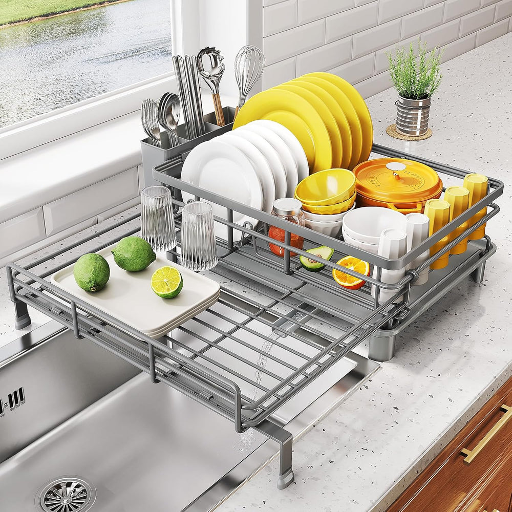 SNTD Expandable Dish Drying Rack for Kitchen Counter, Stainless Steel, Grey