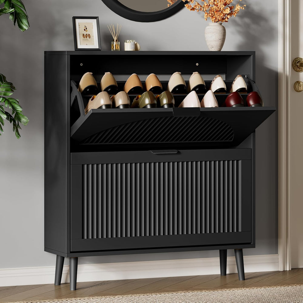 Xixini Shoe Storage Cabinet with 2 Flip Drawers, 36" Tall Narrow Wood Fl...