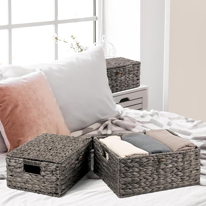 Wicker Storage Baskets with Lids and Handles, Hand Woven Rattan Storage Bins Box - Image 5
