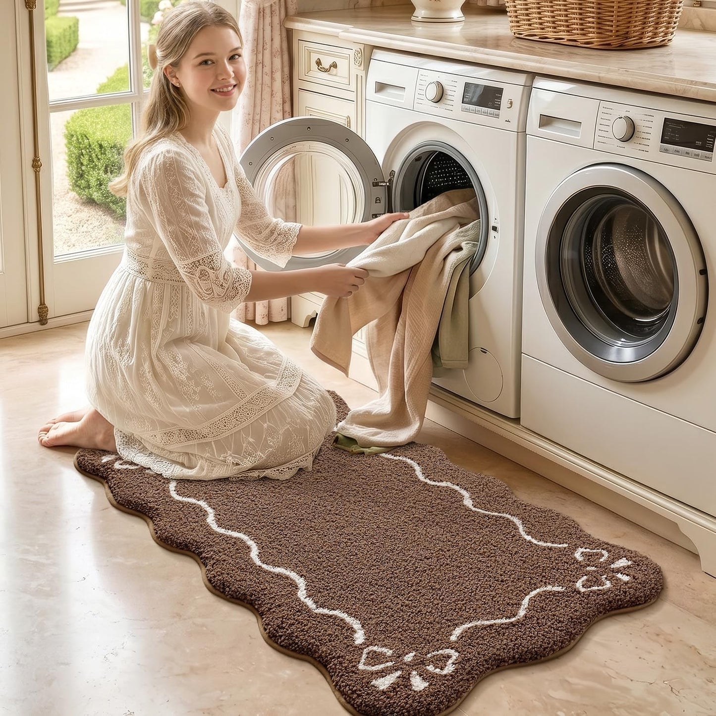 LUMI Scalloped Bathroom Rug, Cute Plush Microfiber Bath Mat, Super Absorbent & Quick Dry Shower Mat, Machine Washable Floor Carpet for Tub, Brown, 24"x36"