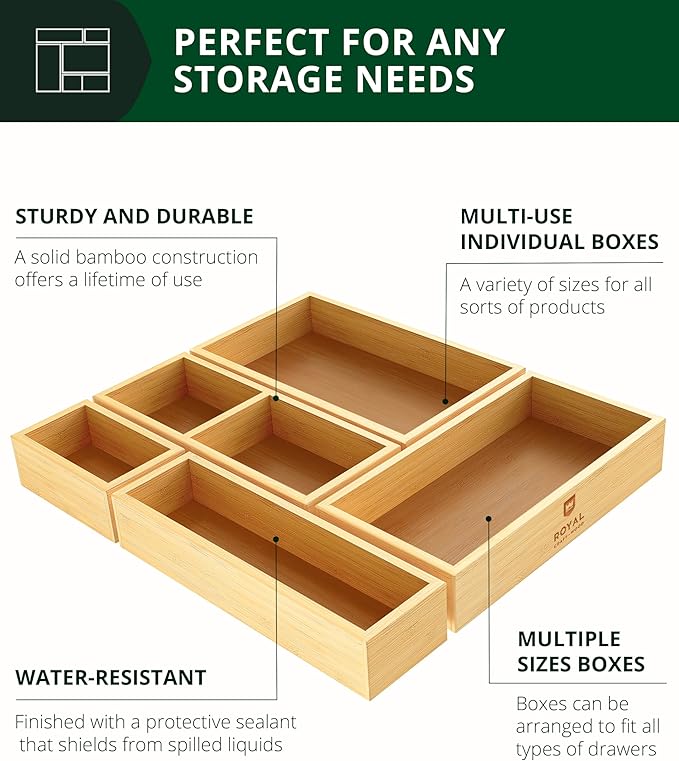 ROYAL CRAFT WOOD 5-Piece Bamboo Drawer Organizer Set – Multi-Use Storage Trays - Image 3