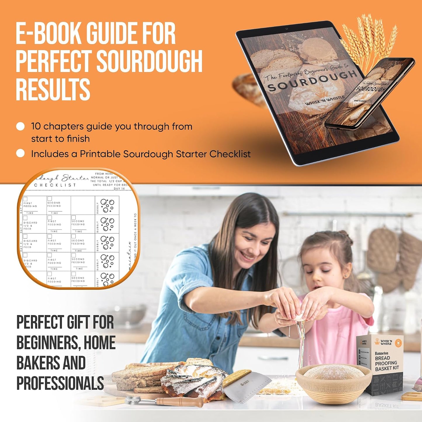 Complete Sourdough Starter Kit and Sourdough Bread Baking Supplies - Includes 9" Banneton Proofing Basket, 34oz Sourdough Starter Jar, Silicone Bread Sling, Scrapers, Bread Lame and Measuring Spoons