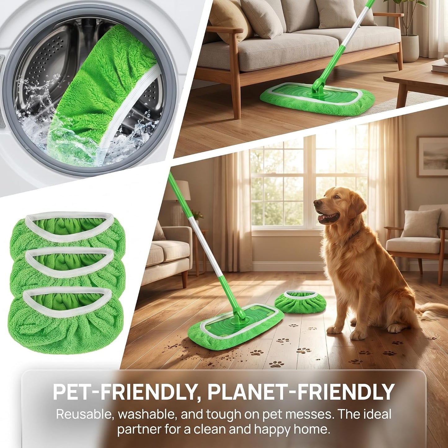 4Pcs Reusable Microfiber Mop Pad, Wall Mop Head Replacement, Washable Microfiber Mops Pads for Cleaning, Soft Absorbent Mops Cover for Wall, Floor, and Ceiling Cleaning Green