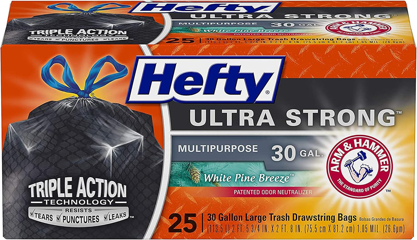 Hefty Ultra Strong Multipurpose Trash Bags, Black Large Flexible Bags with Drawstring, White Pine Breeze Scent, 30 Gallon Bags, 25 CT Bags Per Pack (Pack of 12)