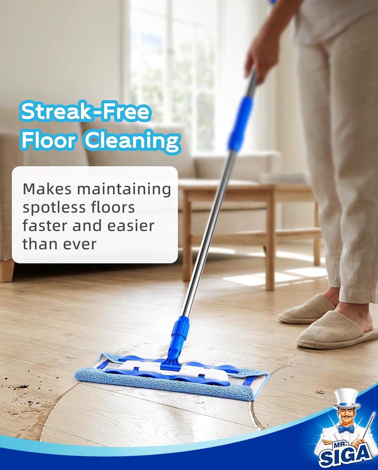 MR.SIGA Professional Microfiber Mop for Hardwood, Laminate, Tile Floor Cleaning, Stainless Steel Telescopic Handle - 3 Reusable Flat Mop Refills and 1 Dirt Removal Scrubber Included