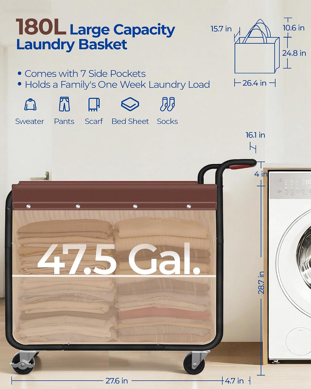 Kayfia 180L Rolling Laundry Hamper, Laundry Basket with Wheels, Beige