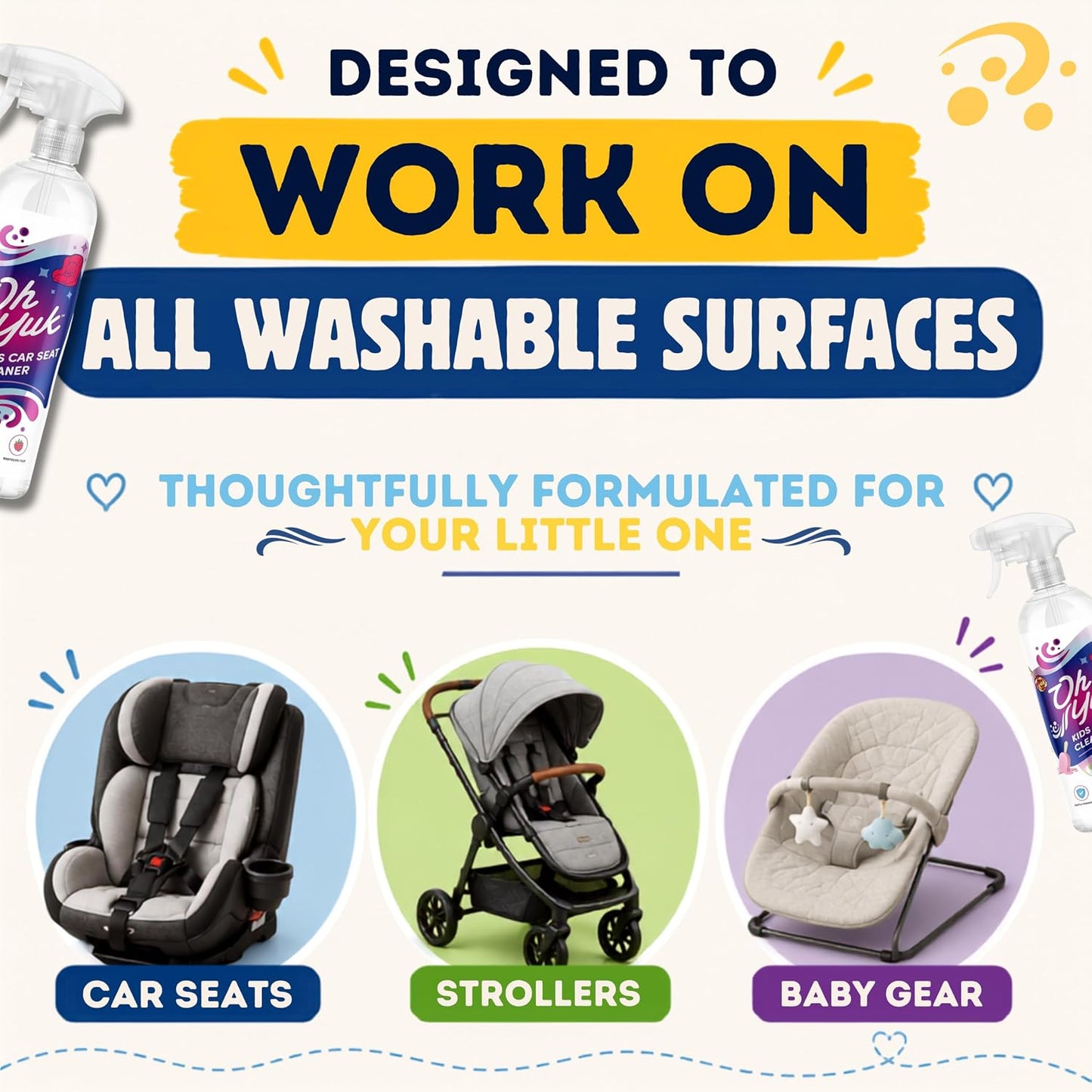 Oh Yuk Kids Car Seat Cleaner Spray, Probiotic Stain & Odor Remover for Kids Car Seats, Strollers & Fabric, Cleans Food, Milk & Juice Spills, Plant-Based Formula, 27 fl oz (Watermelon Splash)
