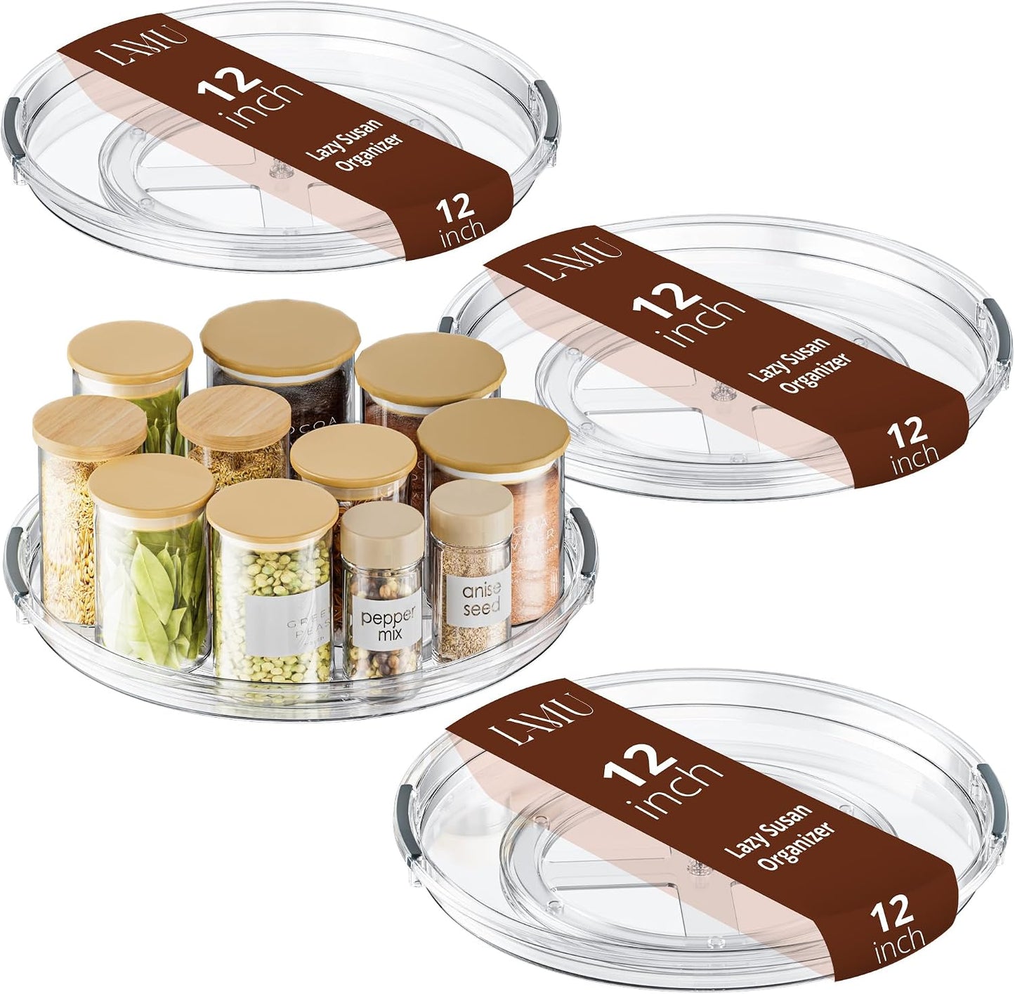 LAMU 12 in Lazy Susan Turntable, 4 Pack Clear Spice Rack, Organizer Storage | 360° Rotating, Kitchen Storage Tray for Cabinet & Table Top, Pantry, Fridge, Bathroom, Medicine & Countertop