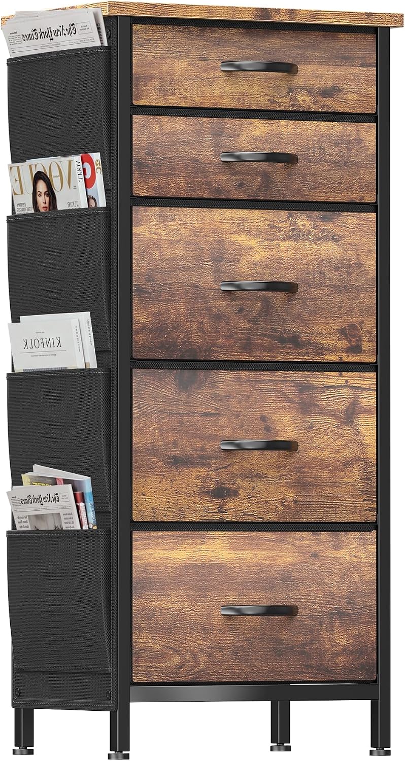 HCHQHS Tall Dresser for Bedroom 5 Drawers Fabric Rustic Brown
