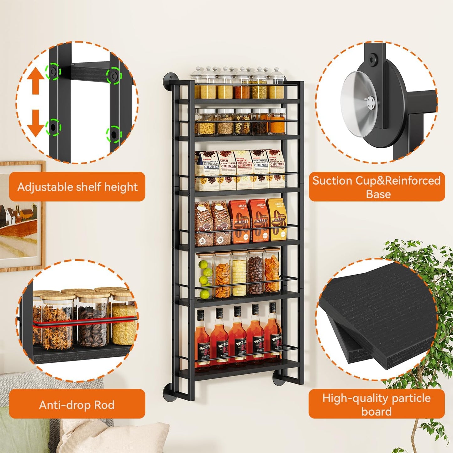 IBUYKE Over the Door Spice Organizer,Door or Wall Mount,Black TLJ028B | 6 Tier Wall Mounted Spice Rack Adjustable Hanging Storage Shelves Spice Organization for Kitchen cabinet Bathroom Closet