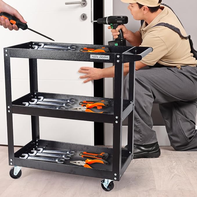 Utility Service Cart, 3 Shelf 200LBS Heavy Duty Steel Rolling Utility Cart - Image 4