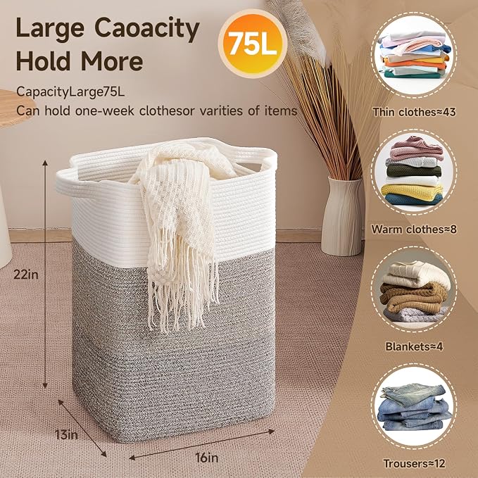 CLHMILY&Z 75L Laundry Hamper Rectangular Cotton Rope Basket - Image 4