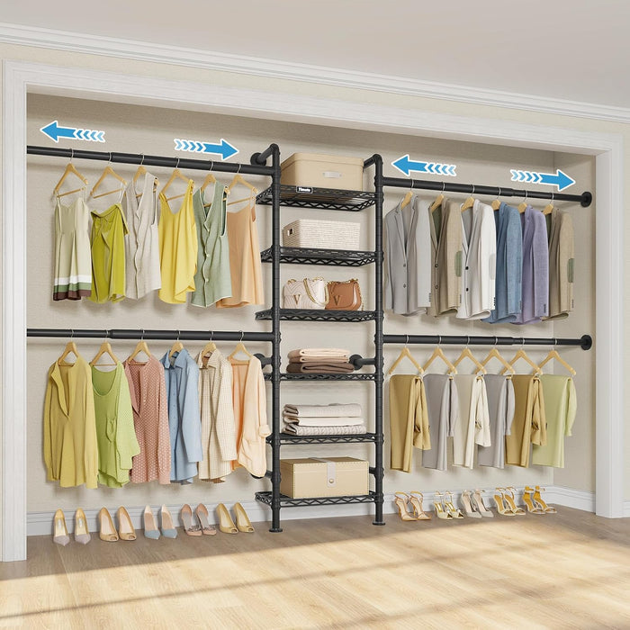 Timate S3X Medium Expandable Wall Mounted Clothes Rack with 6 Adjustable Shelves & 4 Expandable Hanger Rods, Heavy Duty Industrial Pipe Clothing Rack for Hanging Clothes, Fits Spaces 5'3"- 8', Black