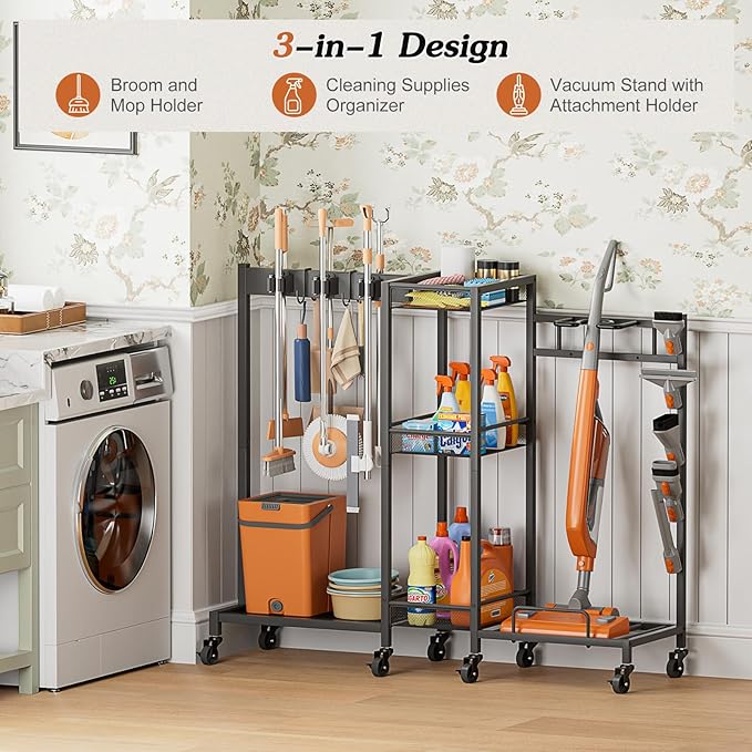 Broom Holder with Cleaning Supplies Organizer, Broom Closet Storage Cabinet - Image 3