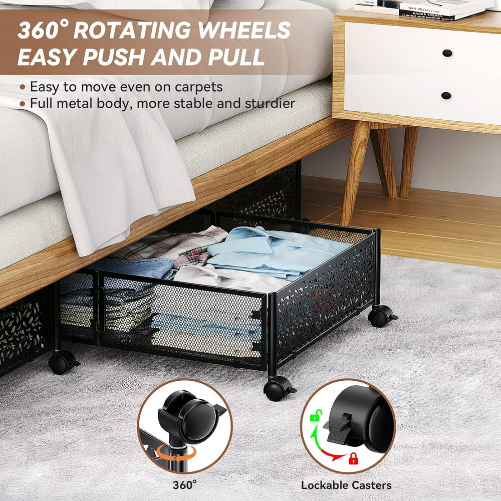 PHINOX Under Bed Storage with Wheels,Patterned,Sturdy Metal,4 Pack,Black