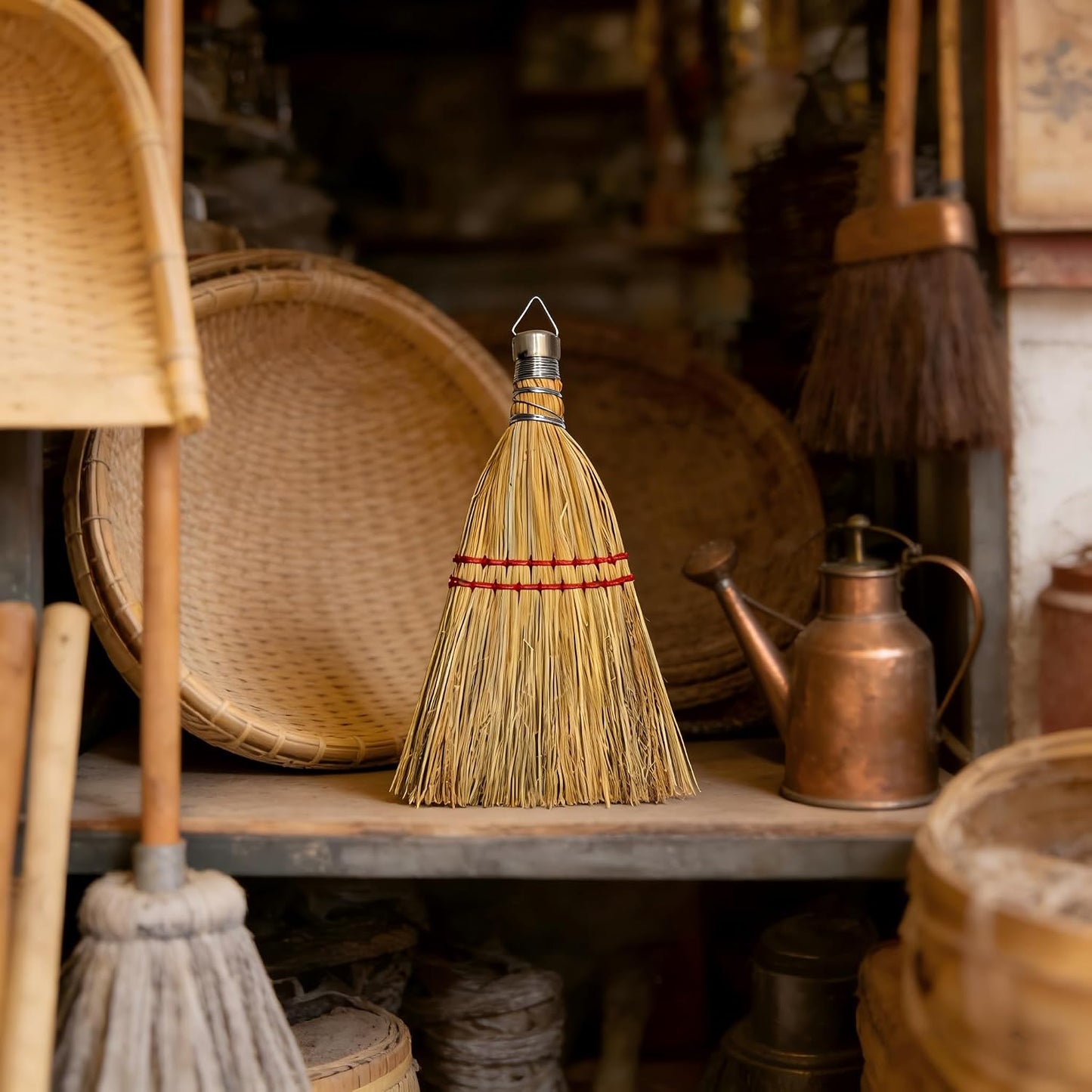 12 Inch Corn Handmade Broom Mini Whisk Made of Natural Corn Broom Straw with a Solid Metal Hang Design for Outdoor Car Porch Debris Dust Dirt Driveways Sidewalks Halloween