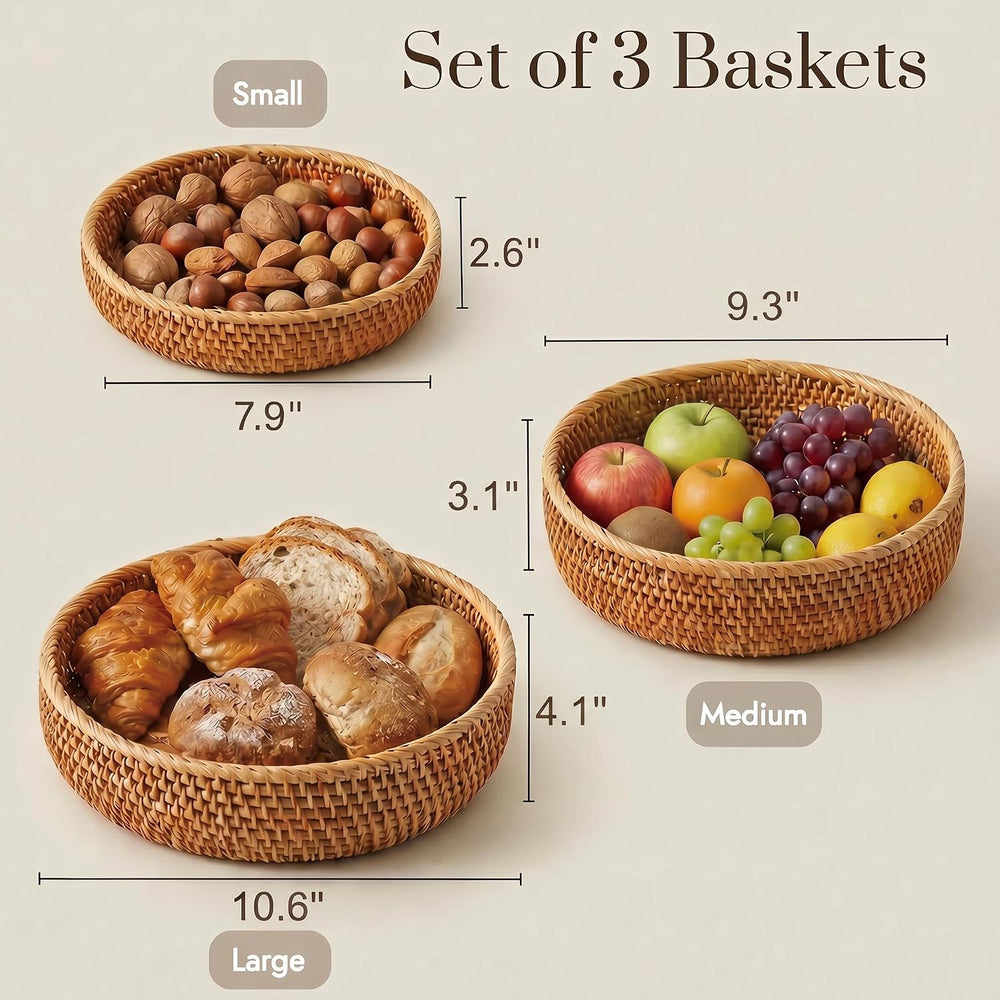 YANGQIHOME Fruit Basket, Wicker Basket Rattan Fruit Bowls, Round Bread Basket...