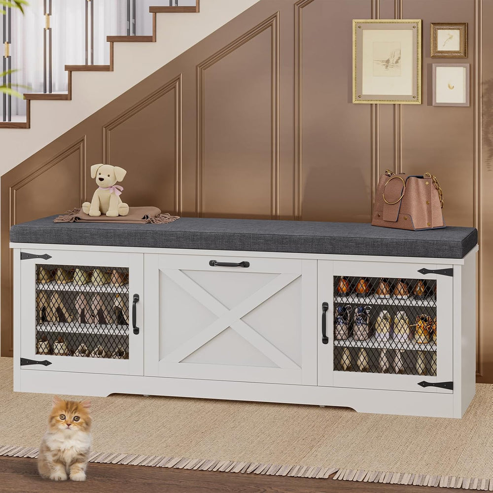 UPOSOJA Farmhouse Storage Bench with Flip Drawers & Padded Seat Cushion, ...