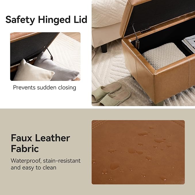 51" Faux Leather Storage Ottoman, Stitch Tufted Rectangle Upholstered End of - Image 5