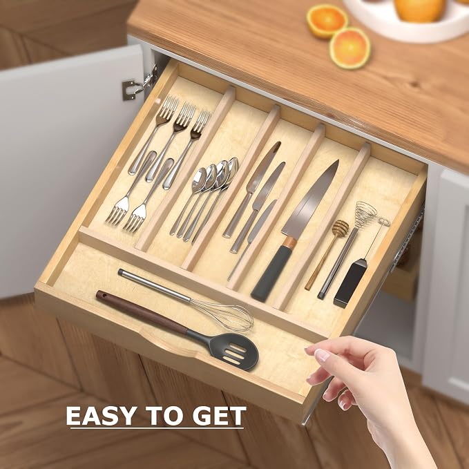 WelFurGeer Solid Birch Wood Silverware Drawer Organizer, Wooden Cutlery Drawer - Image 5