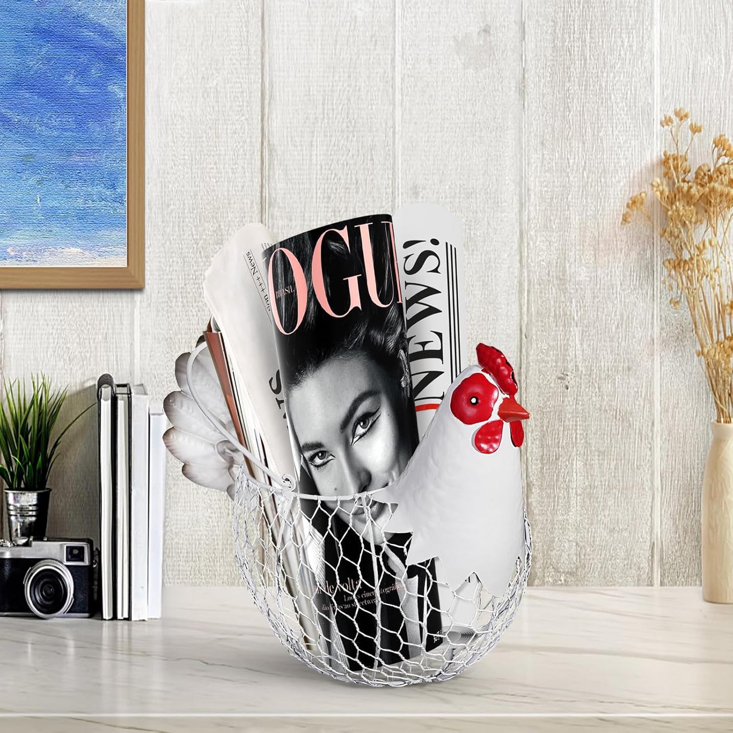 Farmhouse Metal Chicken Wire Egg Basket,Eggs Holder Bowl Kitchen Countertop | Vintage Rooster Decorative Chicken Shaped Fruit Basket for Living Room Home Farm Decor