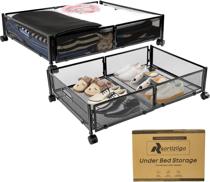 2pcs Large UnderBed Storage with Wheels - Sturdy Black Under Bed Storage with Wheels - Under the Bed Shoe Storage with Wheels of High-grade Steel – Can bare upto 25Kgs