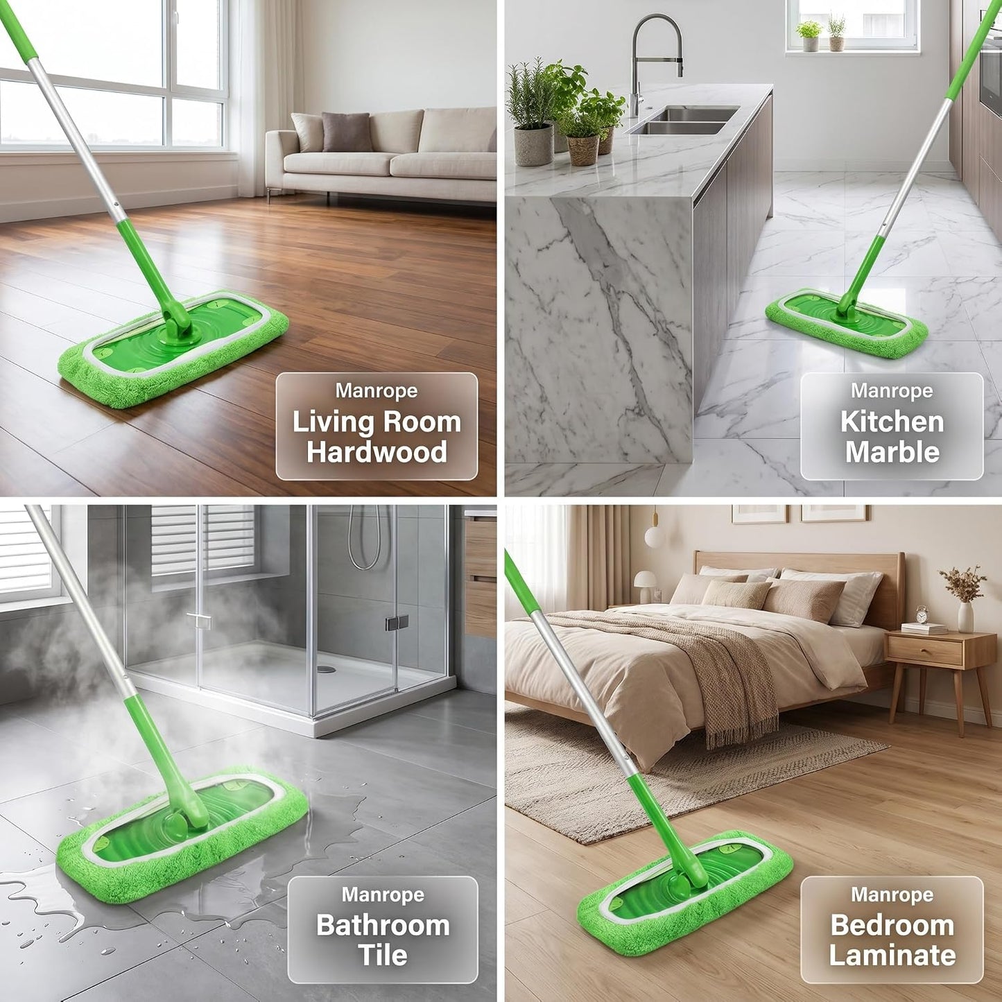 4Pcs Reusable Microfiber Mop Pad, Wall Mop Head Replacement, Washable Microfiber Mops Pads for Cleaning, Soft Absorbent Mops Cover for Wall, Floor, and Ceiling Cleaning Green