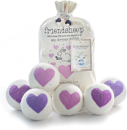 Friendsheep Organic Wool Dryer Balls Pink Purple Hearts 6 Pack XL Premium by Friendsheep