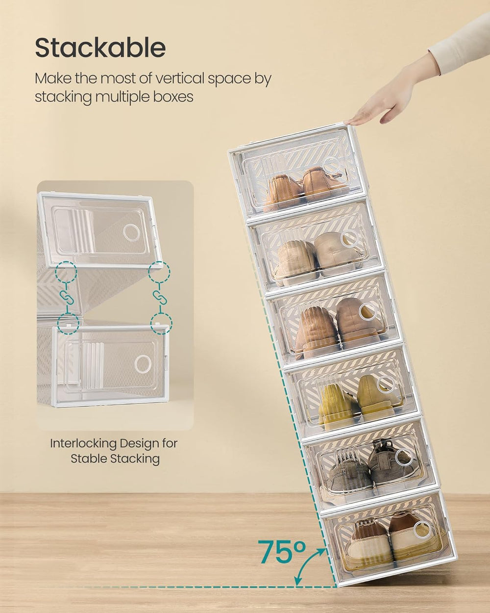 SONGMICS Stackable Shoe Boxes, Foldable, Ventilated Clear, Set of 18