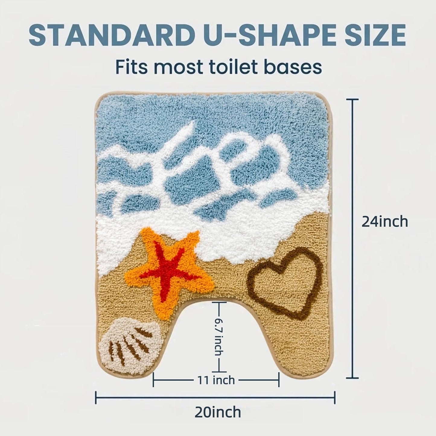 U-Shaped Beach Bathroom Rugs, Soft Plush Toilet Rugs Washable with Non Slip TPR Backing, Coastal Ocean Starfish Design, Blue, 24"x20"