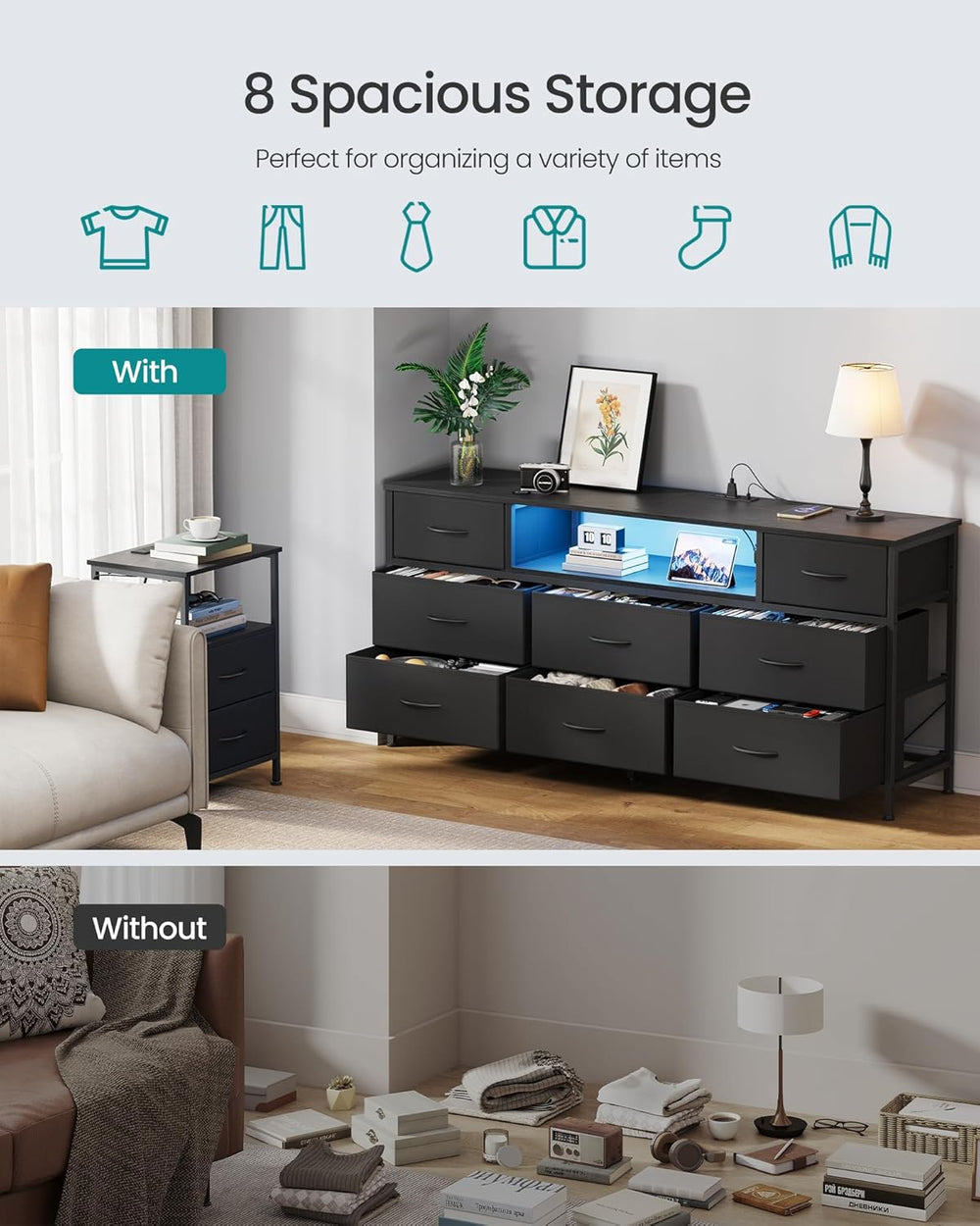 SONGMICS Dresser for Bedroom with Outlets & LED Lights, 8 Fabric Drawers