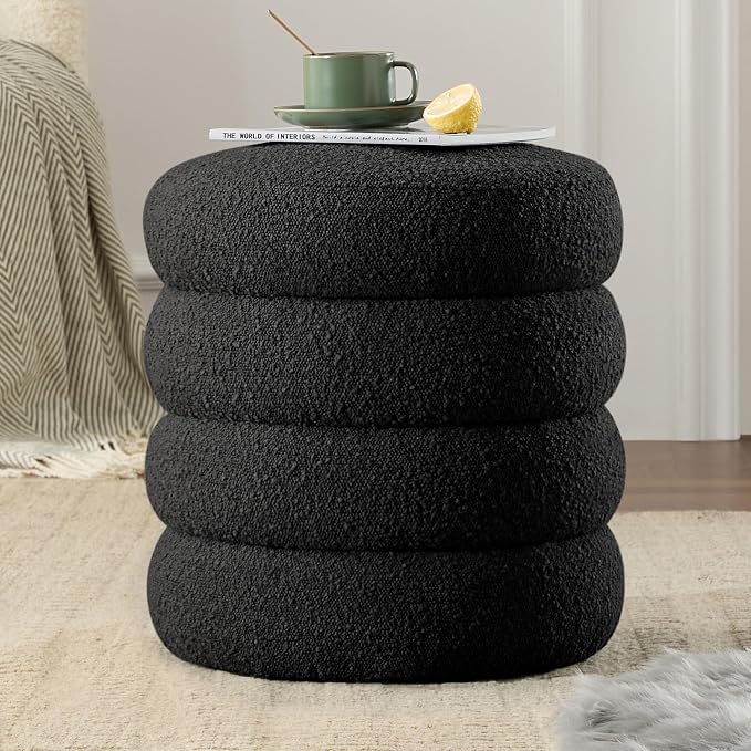 Round Ottoman with Storage Boucle Ottoman Stool with Storage Removable Lid by Krcix
