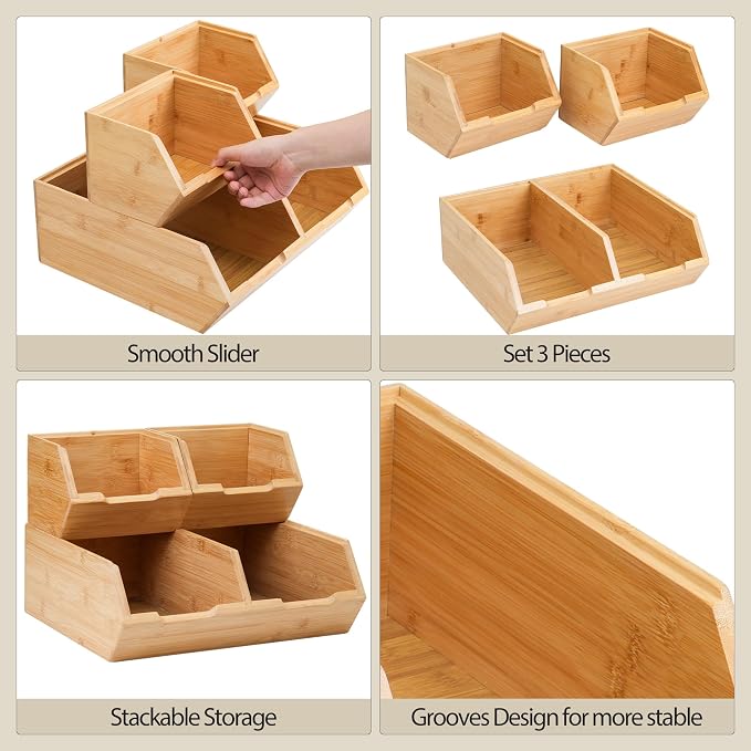 Pantry Storage Bins 3-Pack, Stackable Bamboo Containers - Image 5
